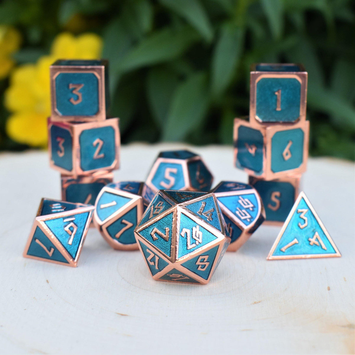 PRE-ORDER || Elder Runes Aqua And Bronze Metal Dice Set