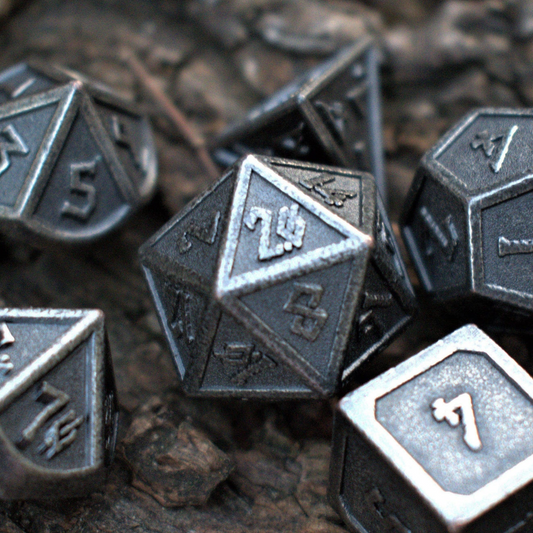 PRE-ORDER || Elder Runes Battle-Worn Silver Metal Dice Set