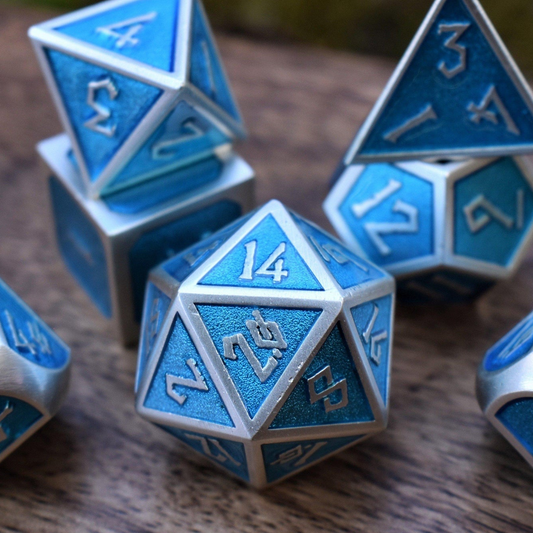 PRE-ORDER || Elder Runes Electric Blue And Matte Silver Metal Dice Set
