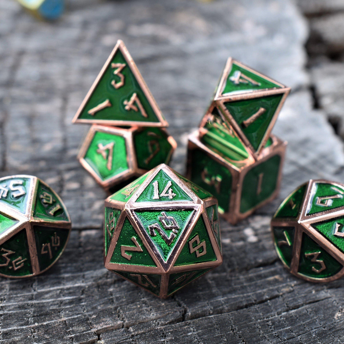 PRE-ORDER || Elder Runes Emerald And Bronze Metal Dice Set