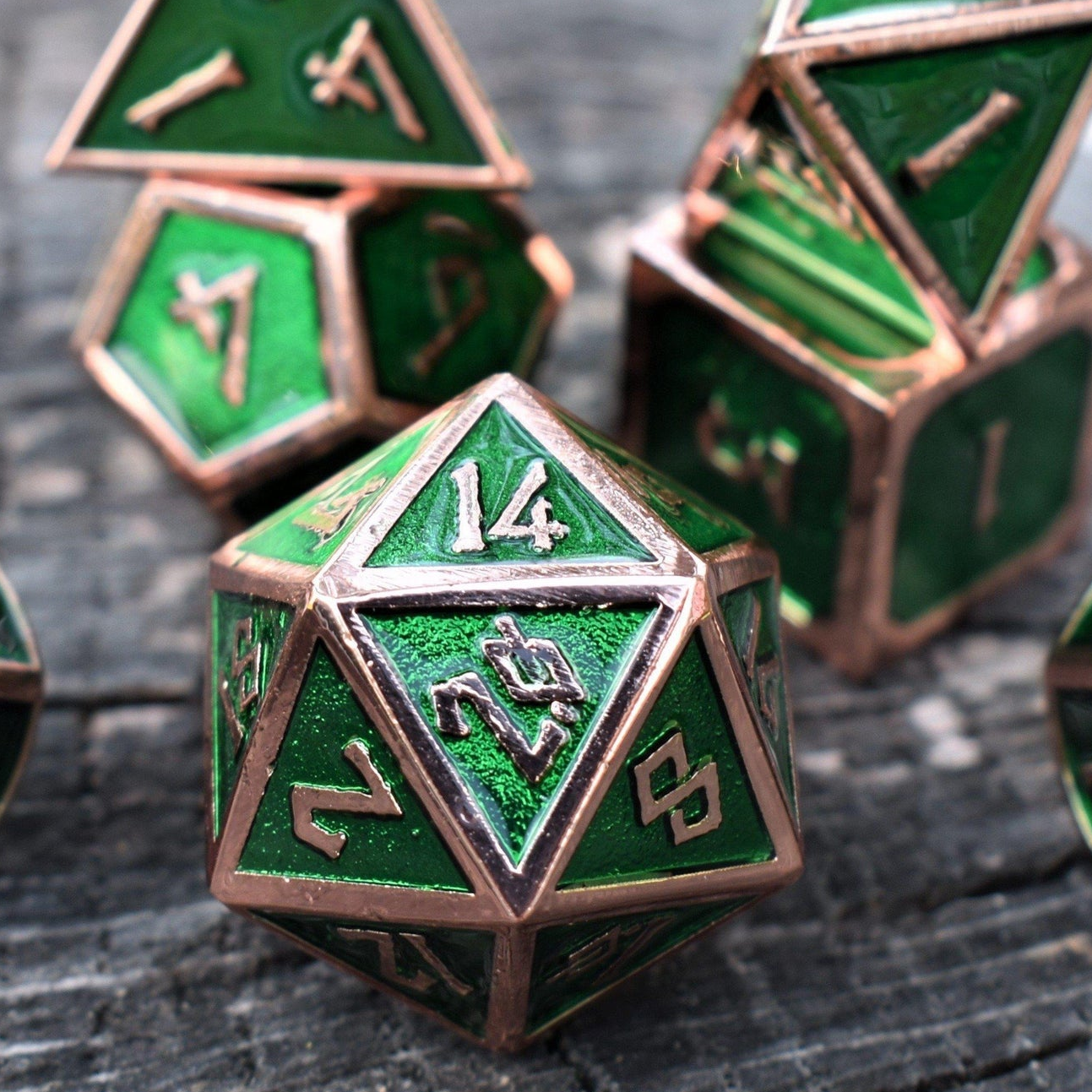PRE-ORDER || Elder Runes Emerald And Bronze Metal Dice Set