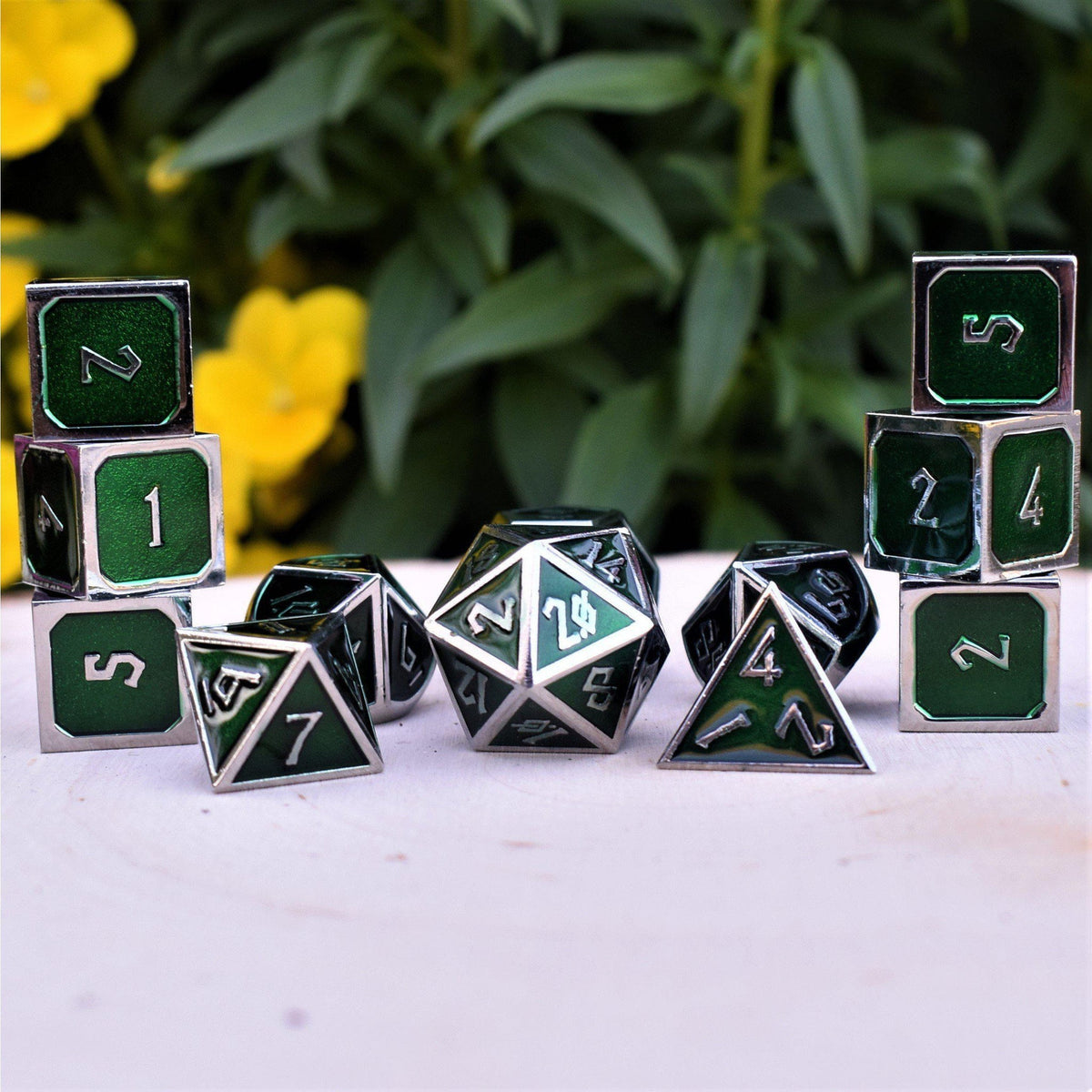 PRE-ORDER || Elder Runes Emerald And Silver Metal Dice Set