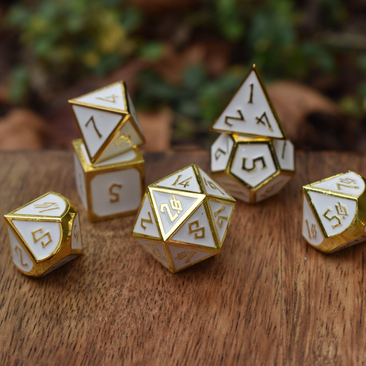 PRE-ORDER || Elder Runes White And Gold Metal Dice Set