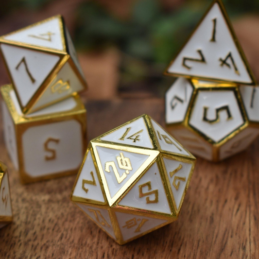 PRE-ORDER || Elder Runes White And Gold Metal Dice Set