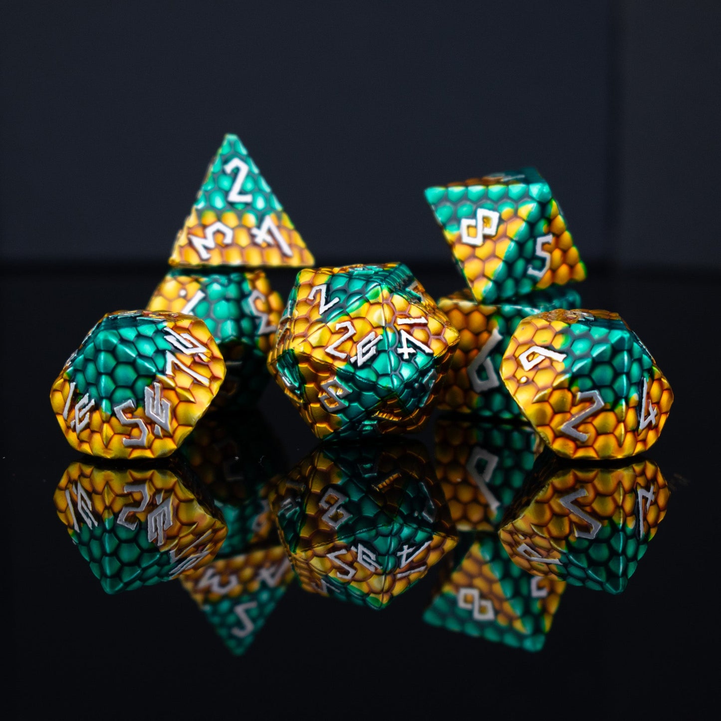 Green and Gold Dragon's Egg Metal Dice Set