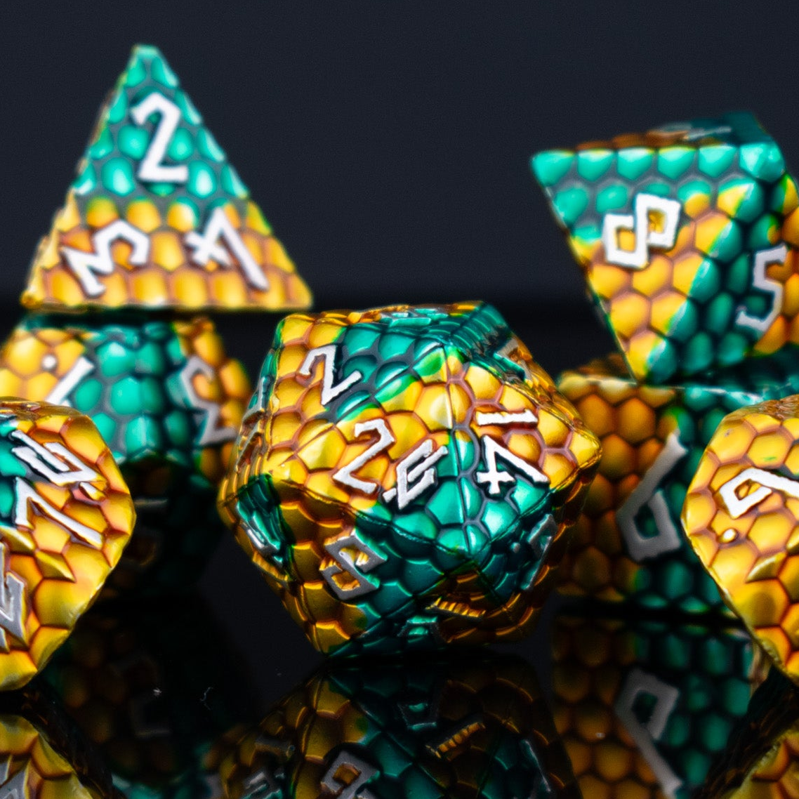 Green and Gold Dragon's Egg Metal Dice Set