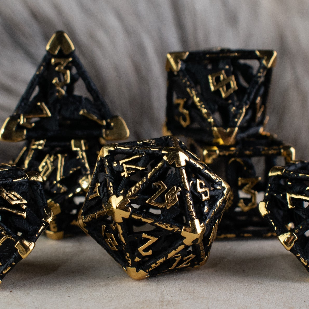 Pre-Order|| Legends of Valhalla - Matte Black and Gold Hollow Metal Dice Set