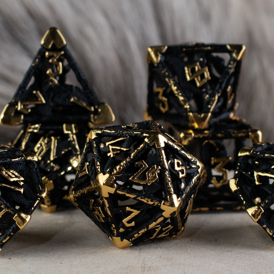 Pre-Order|| Legends of Valhalla - Matte Black and Gold Hollow Metal Dice Set