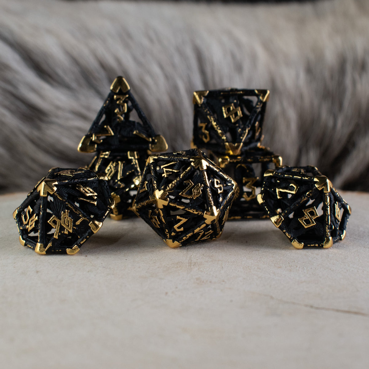 Pre-Order|| Legends of Valhalla - Matte Black and Gold Hollow Metal Dice Set