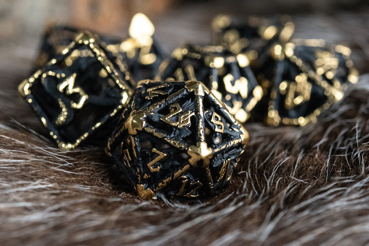 Pre-Order|| Legends of Valhalla - Matte Black and Gold Hollow Metal Dice Set