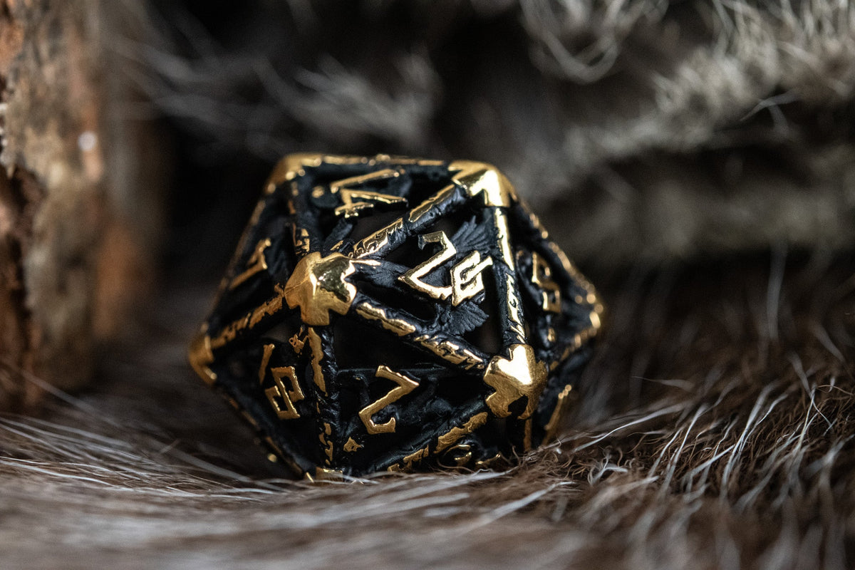Pre-Order|| Legends of Valhalla - Matte Black and Gold Hollow Metal Dice Set