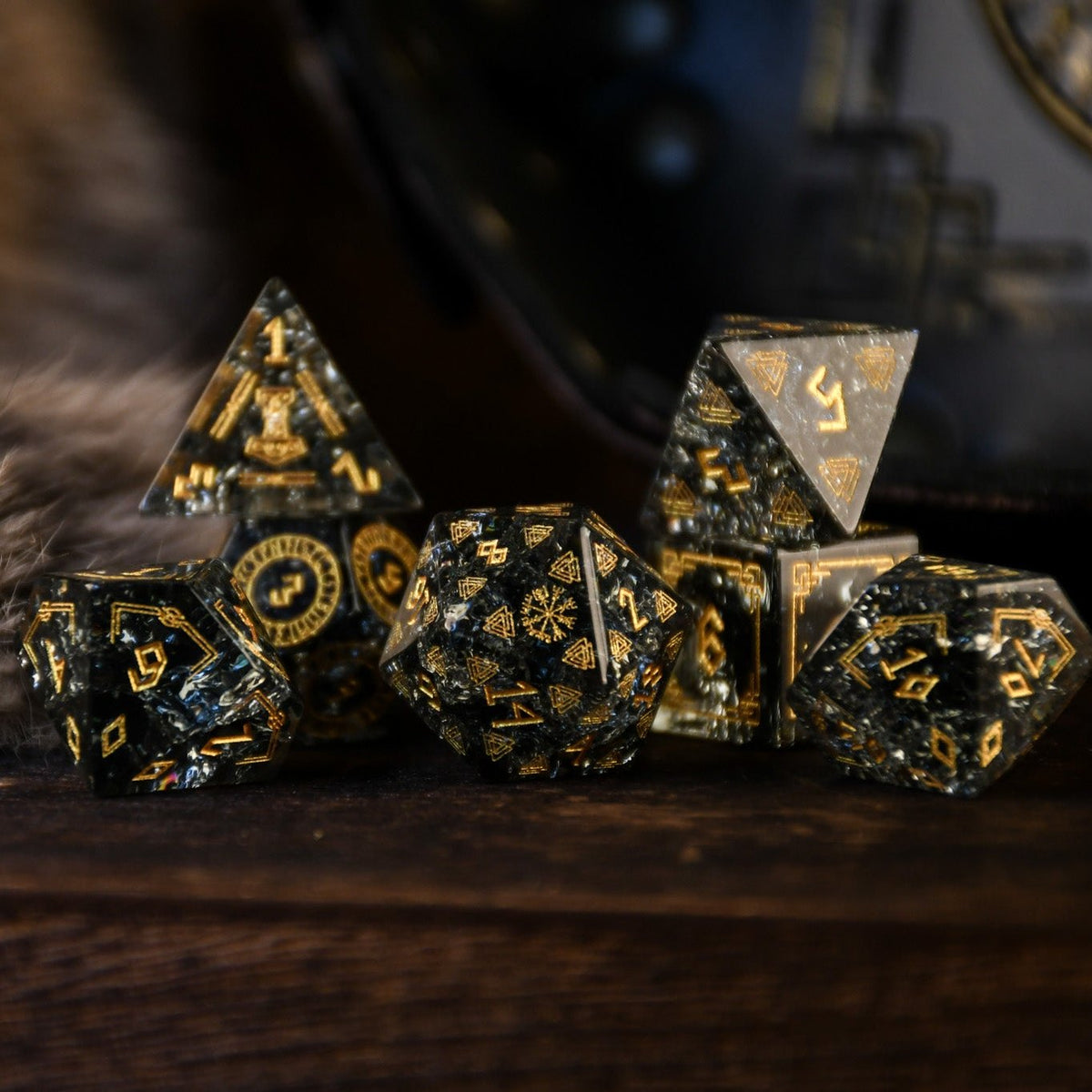 Pre-Order || Nordic Black Shattered Glass Dice Set