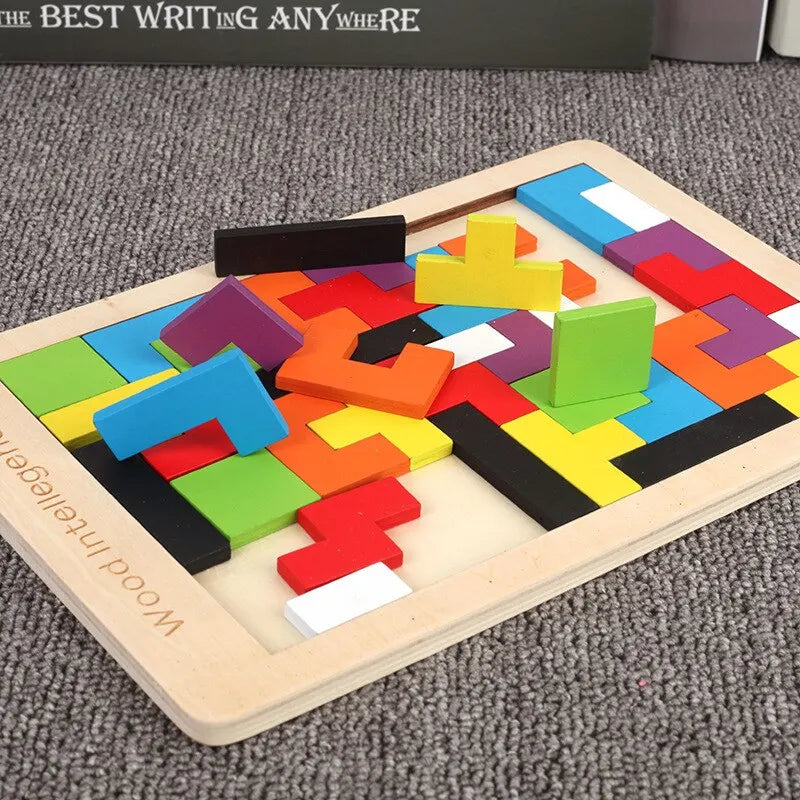Wooden Blocks Puzzle Toy – Montessori 3D Tangram Brain Teasers